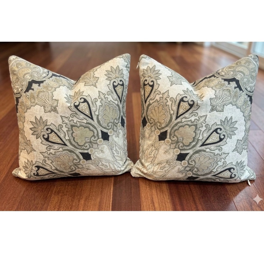 Pottery Barn Reversible Pillow Covers Set of 2 Zia Ikat Paisley Gray Tan 18x18
